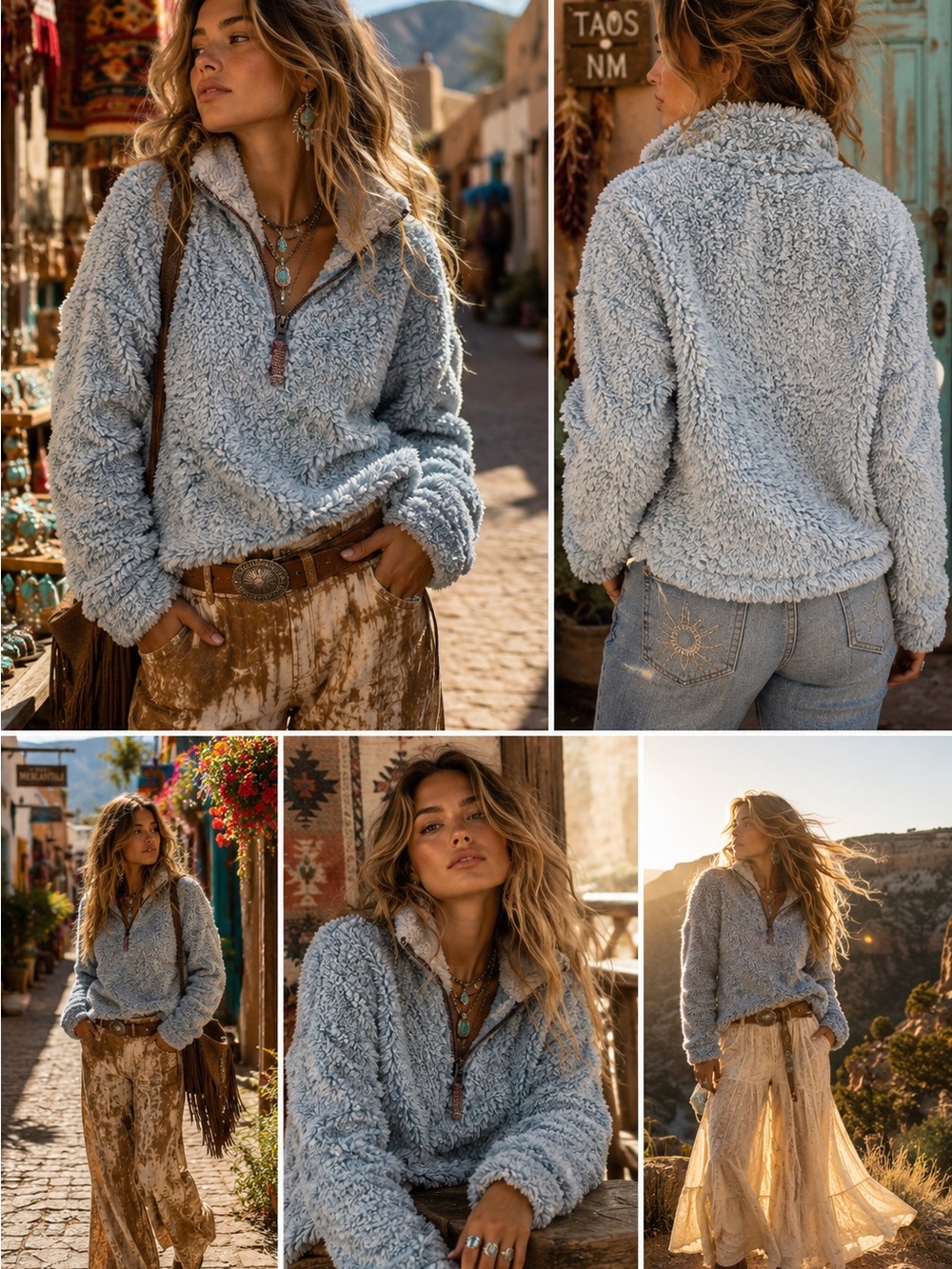 True Grit Seafoam Light Blue Sherpa Quarter-Zip Pullover Women’s XS | Bohemian